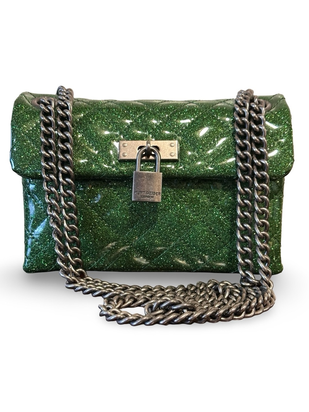 Kurt Geiger The Brixton Emerald Green Glitter Quilted Crossbody with Padlock